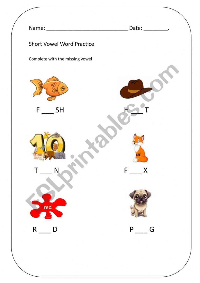 short vowel  worksheet