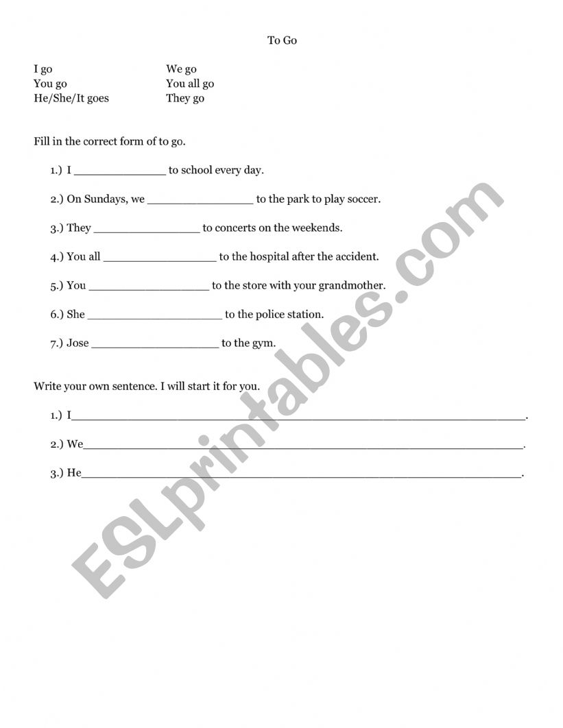 To Go Present tense worksheet