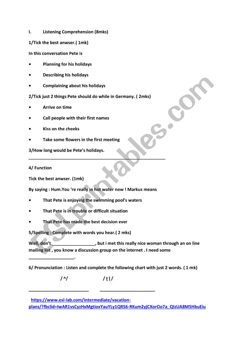 4TH  Mid-TERM TEST worksheet