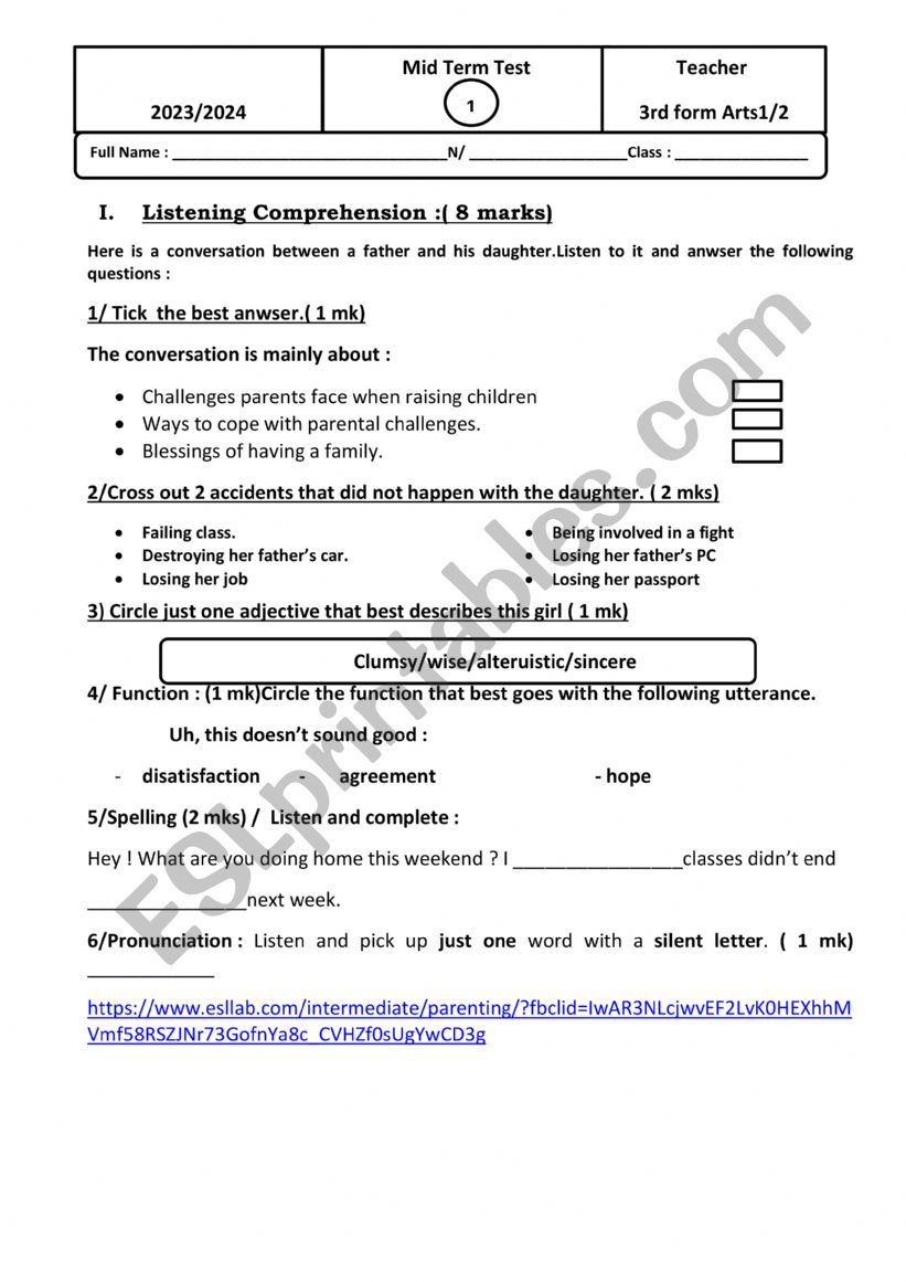 3rd Mid-TERM TEST worksheet