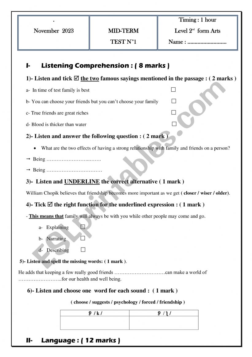 mid term test N°1  2nd form worksheet