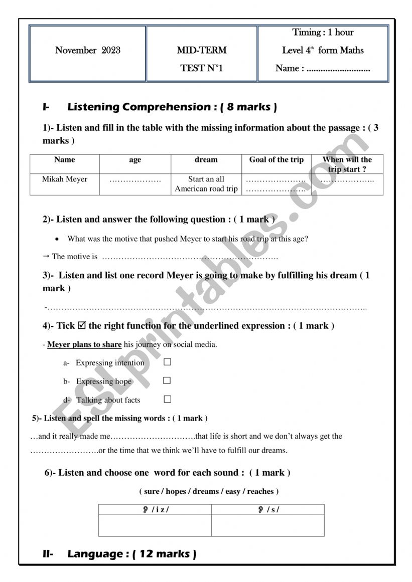 MID TERM TEST 1 FOR 4TH FORM MATHS