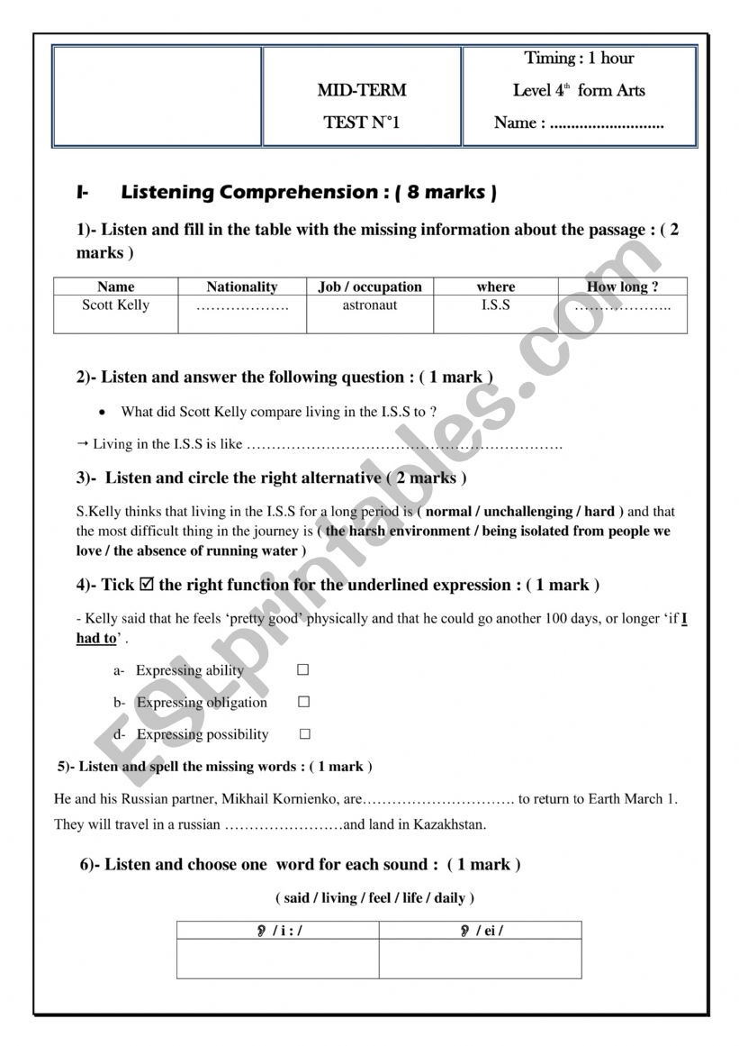 MID TERM TEST N1 BAC ARTS worksheet