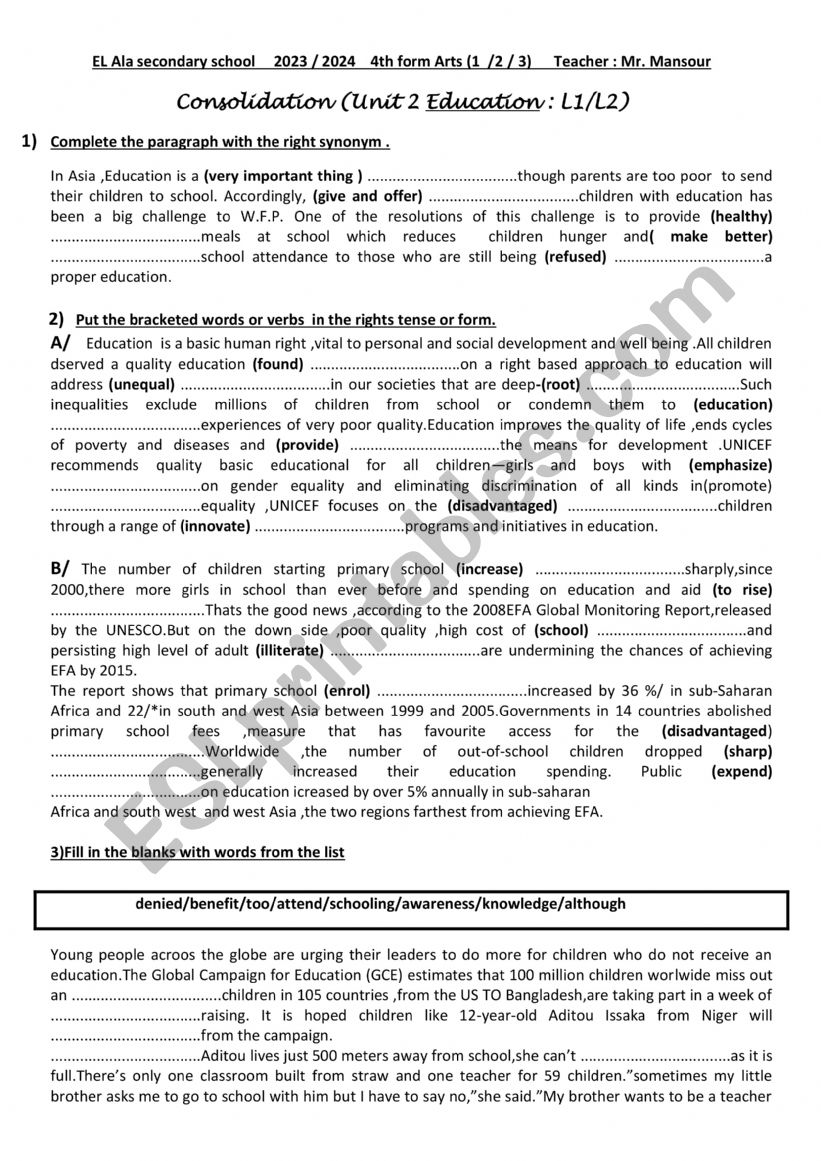 CONSOLIDATION education L1L2 worksheet