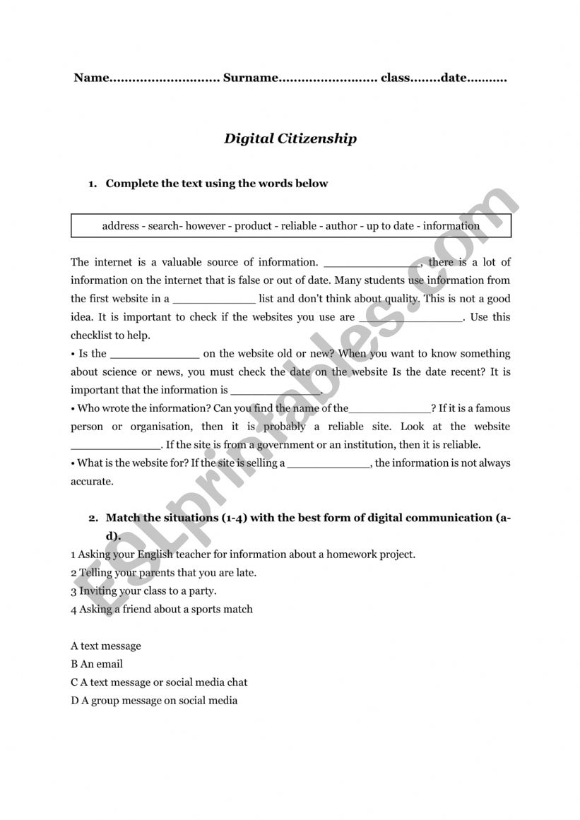 digital citizenship test worksheet