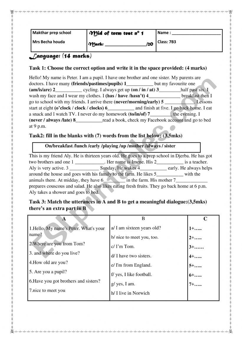 mid of term test 1 7th form worksheet