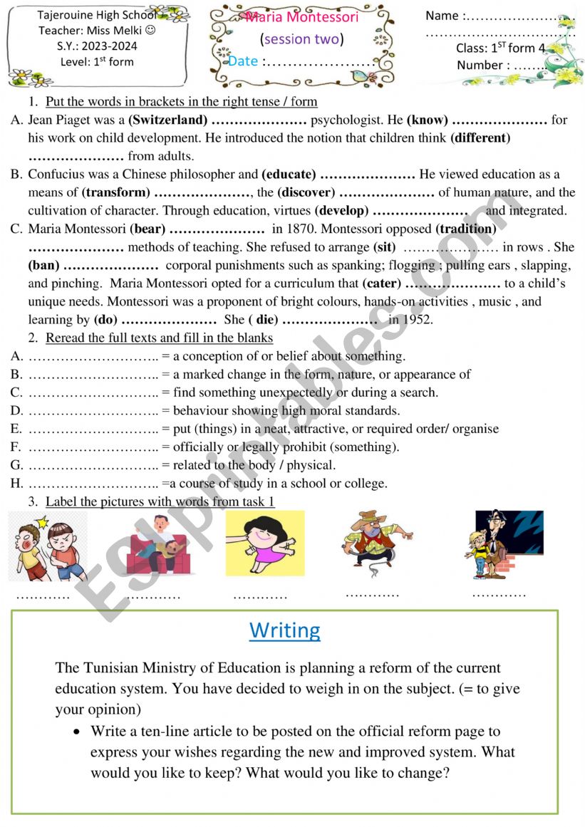 Maria Montessori (1st form)  worksheet
