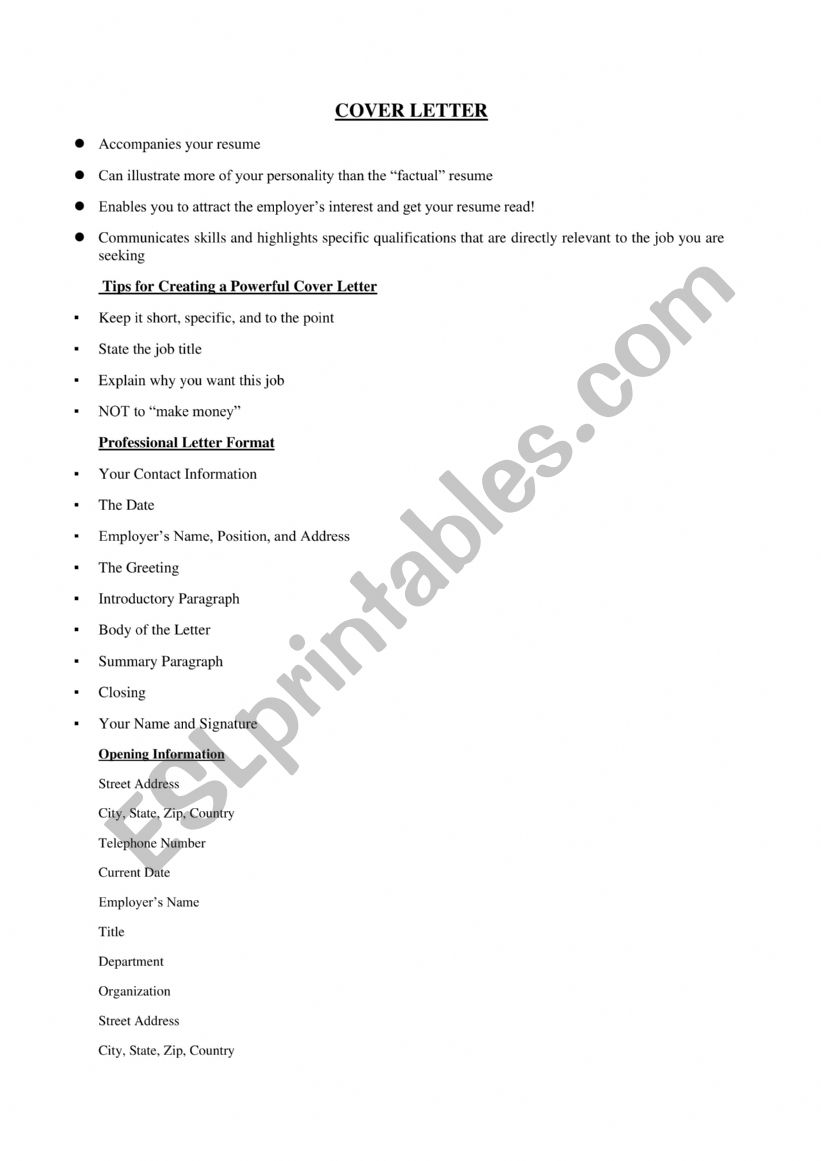 cover letter worksheet