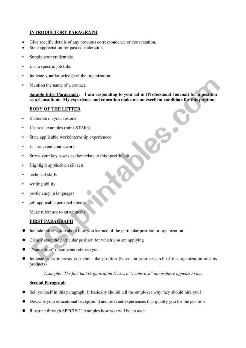 application letter worksheet