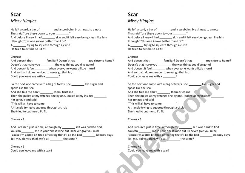 Scar by Missy Higgins gap fill