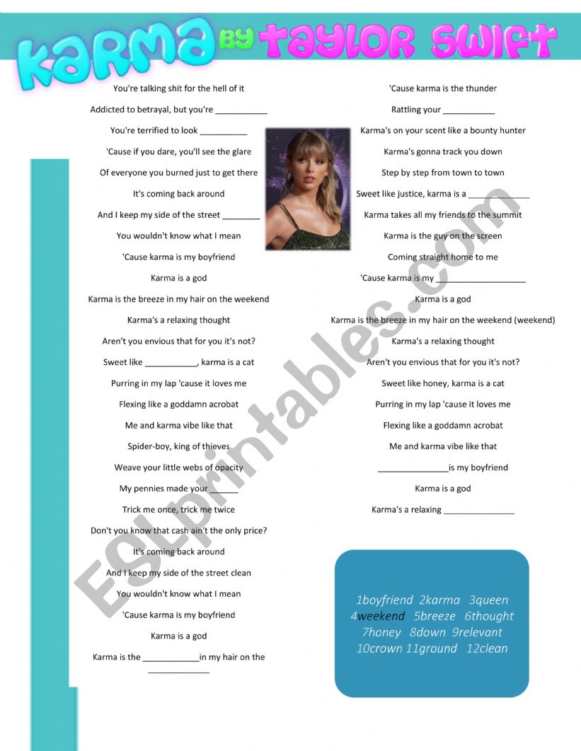 Karma lyrics by Taylor Swift worksheet