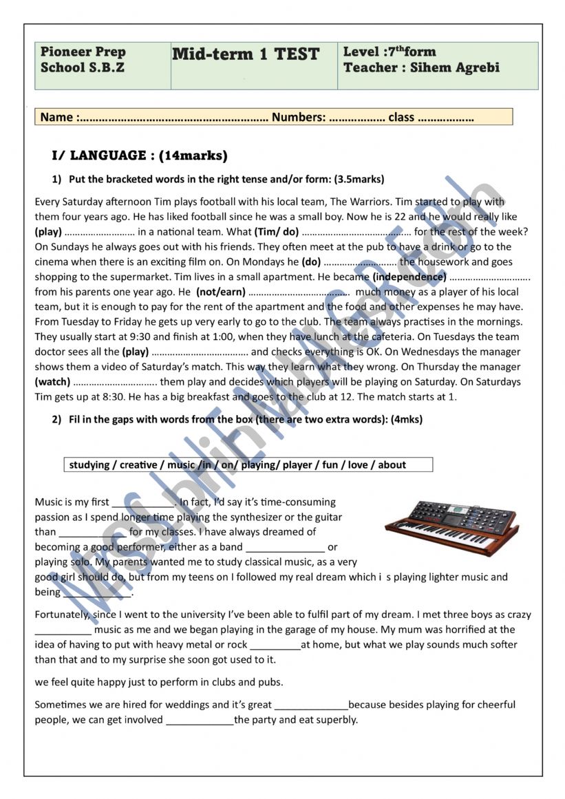 Mid-term 1 test  7th form  worksheet