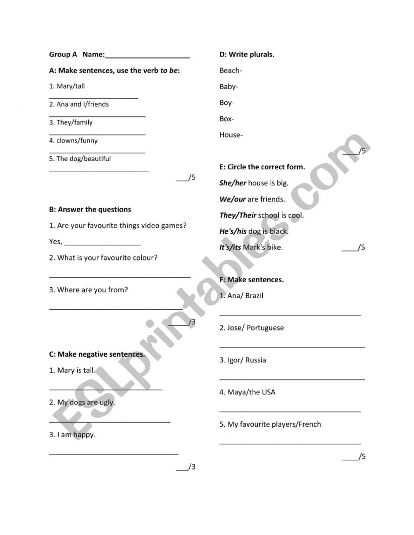 elementary english worksheet