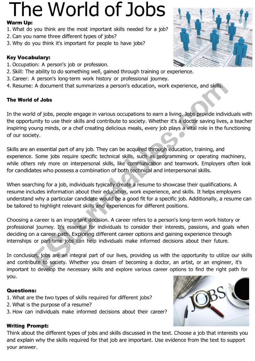 The world of jobs worksheet