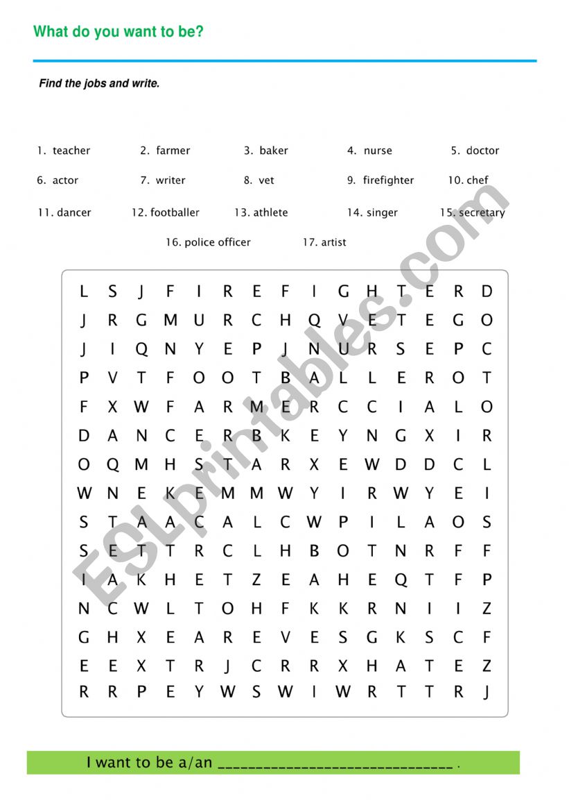 Jobs - wordsearch worksheet