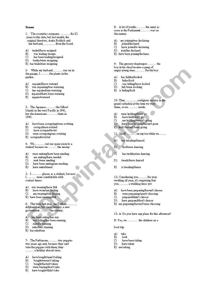 test on tenses worksheet