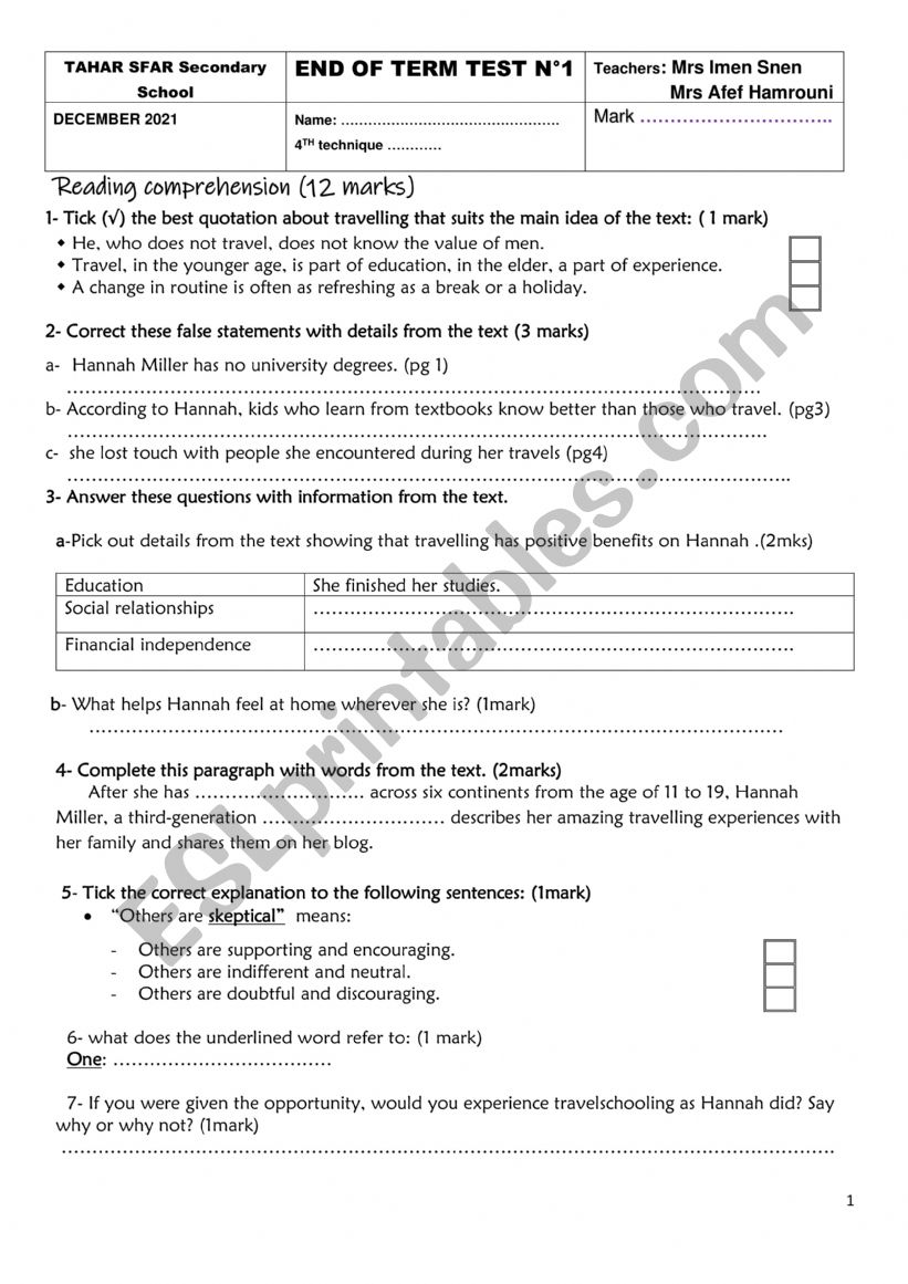 end of term test n1  worksheet