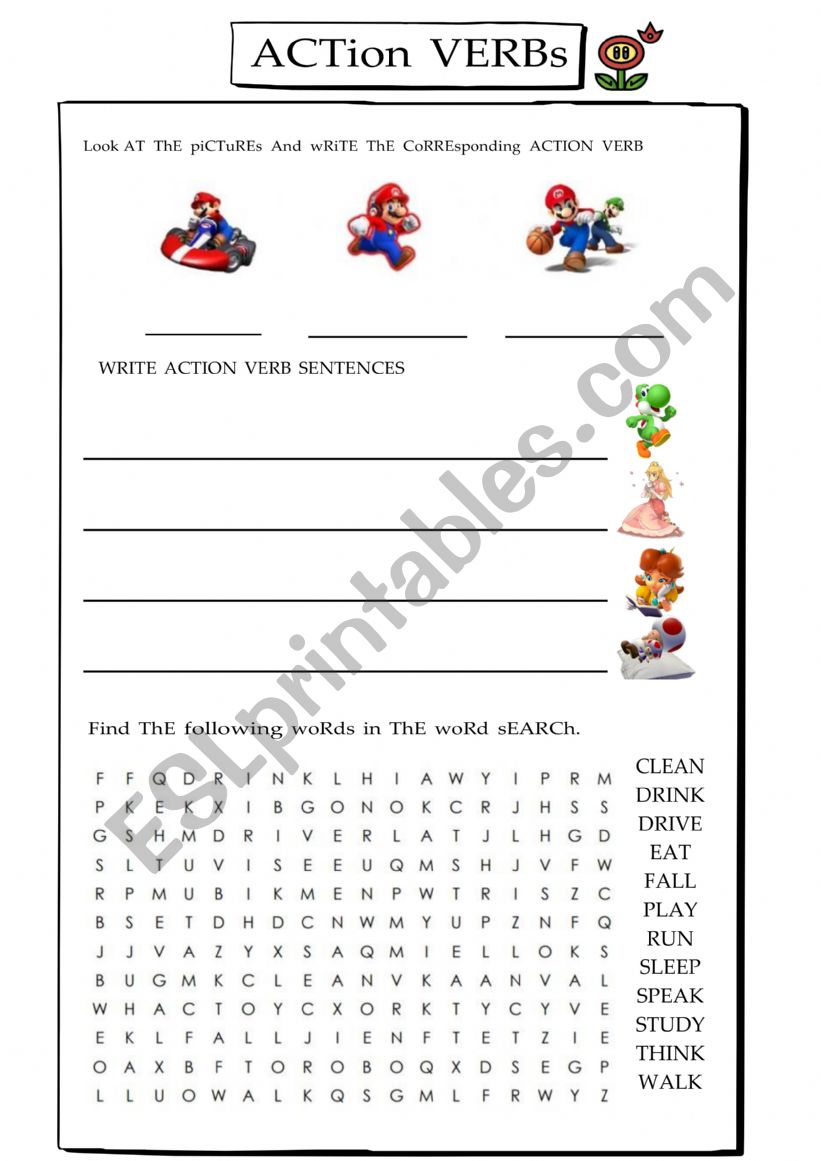 ACTION VERBS MARIO BROS worksheet