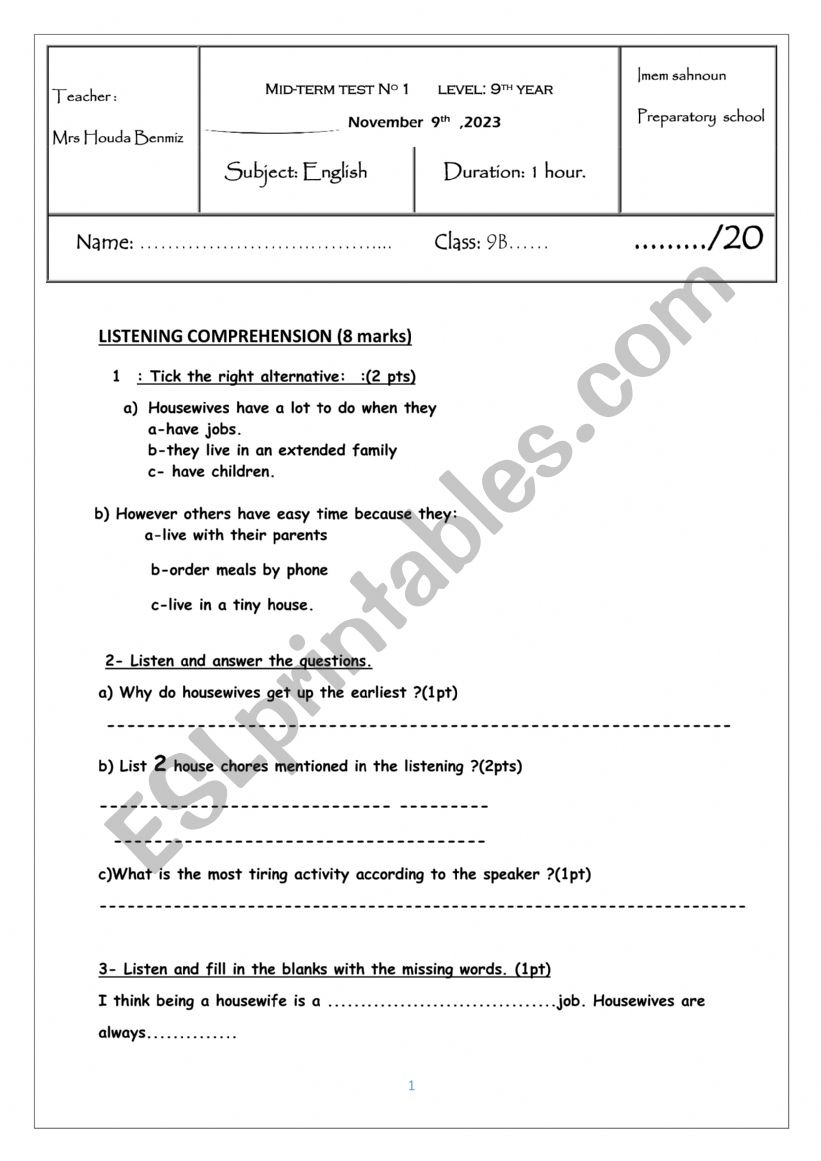 9th test 1 worksheet
