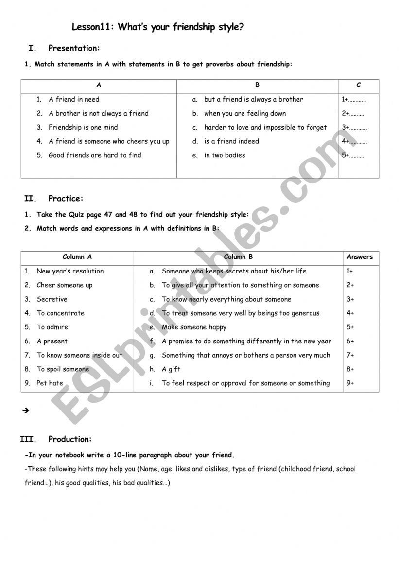 friendship worksheet