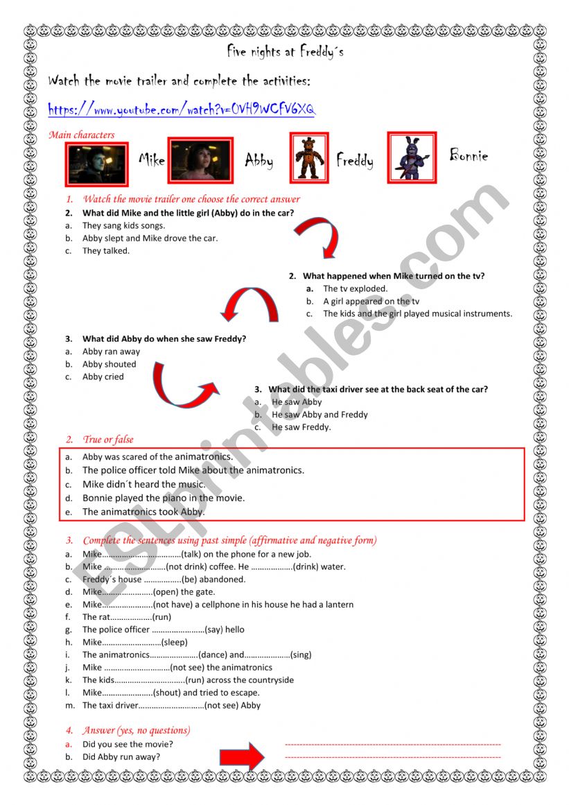 Five nights at FreddyÂ´s worksheet