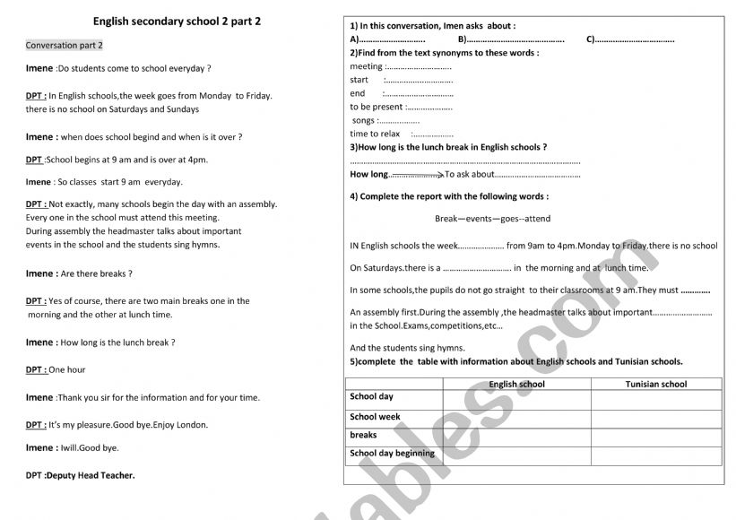 8th form English secondary schools