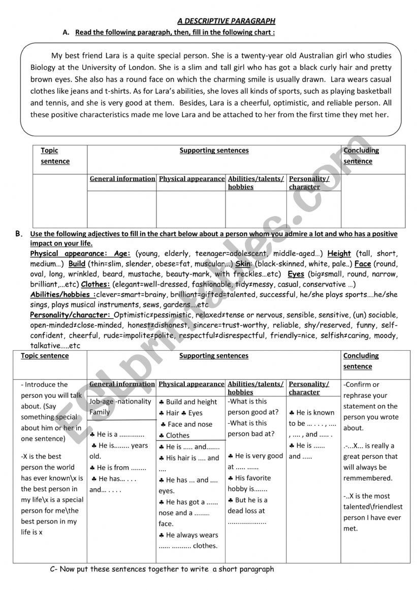 A DESCRIPTIVE PARAGRAPH  worksheet