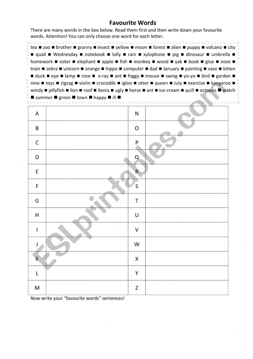 My Favorite Words worksheet