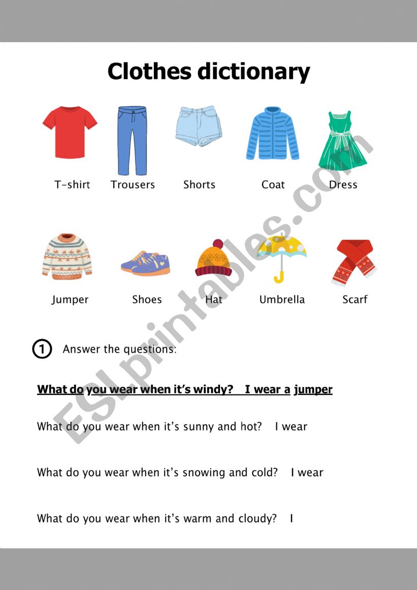 Clothes dictionary worksheet