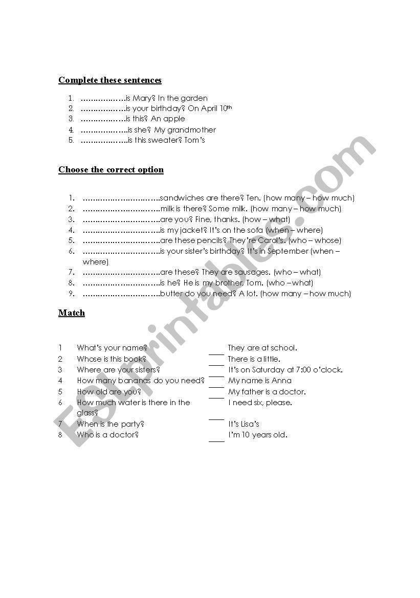 Questions words worksheet