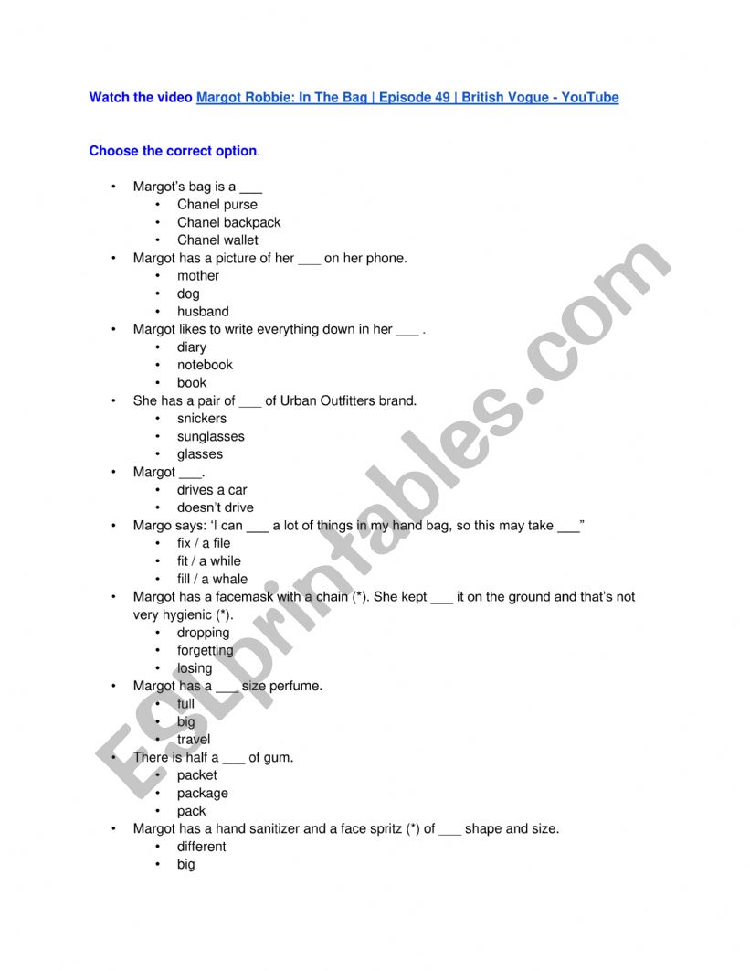 Margot Robbie�s bag worksheet