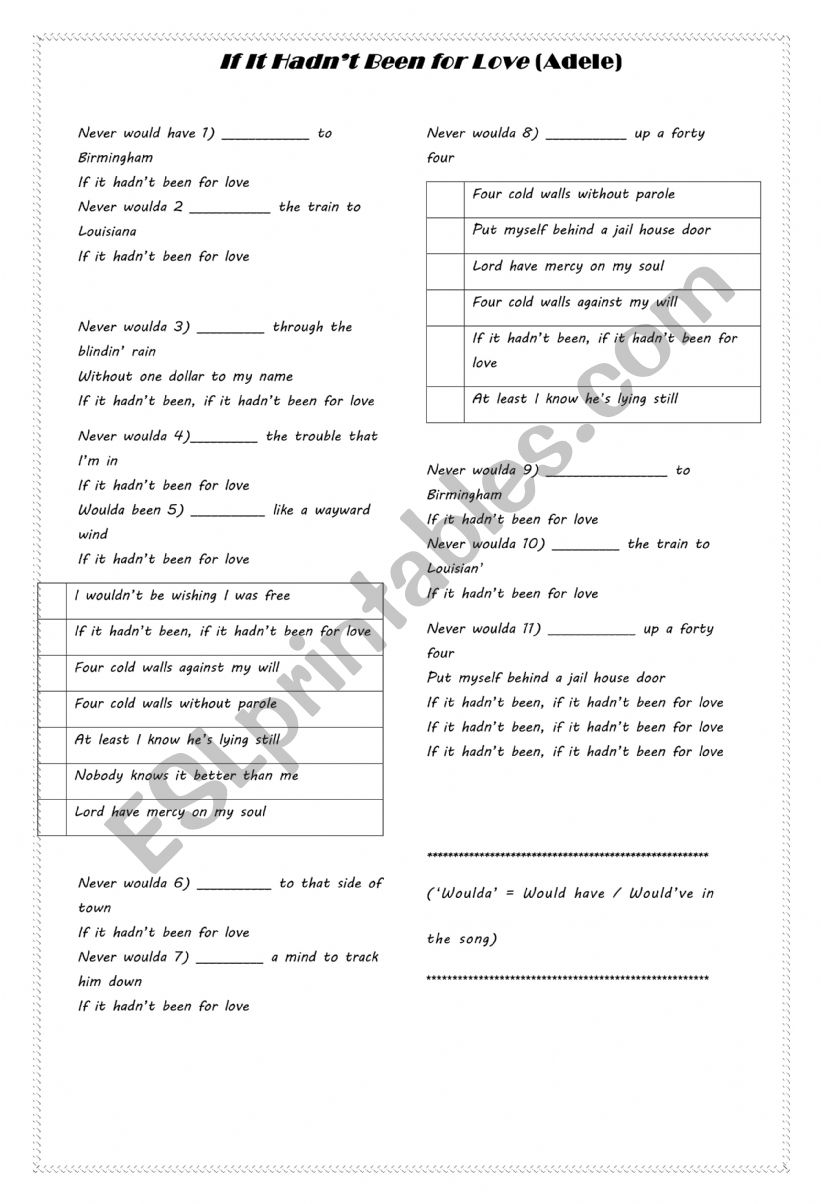 If it hadn�t been for love  worksheet