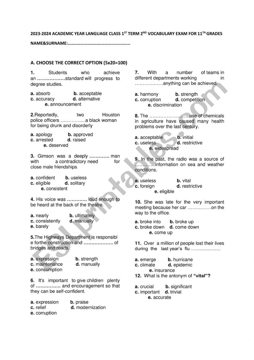 VOCABULARY QUIZ FOR LANGUAGE CLASS