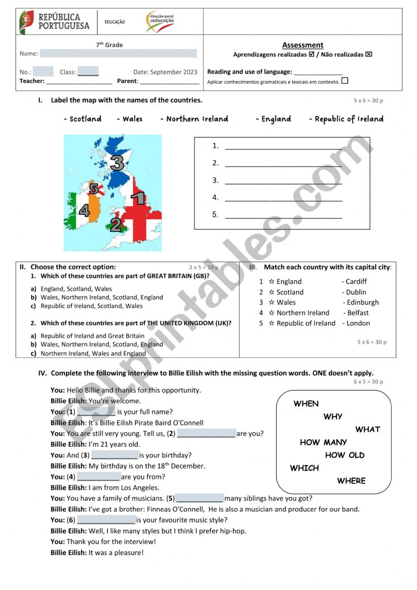 Teste 7th Grade worksheet