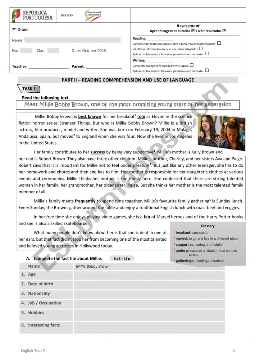 Test 7th Grade Personal ID worksheet