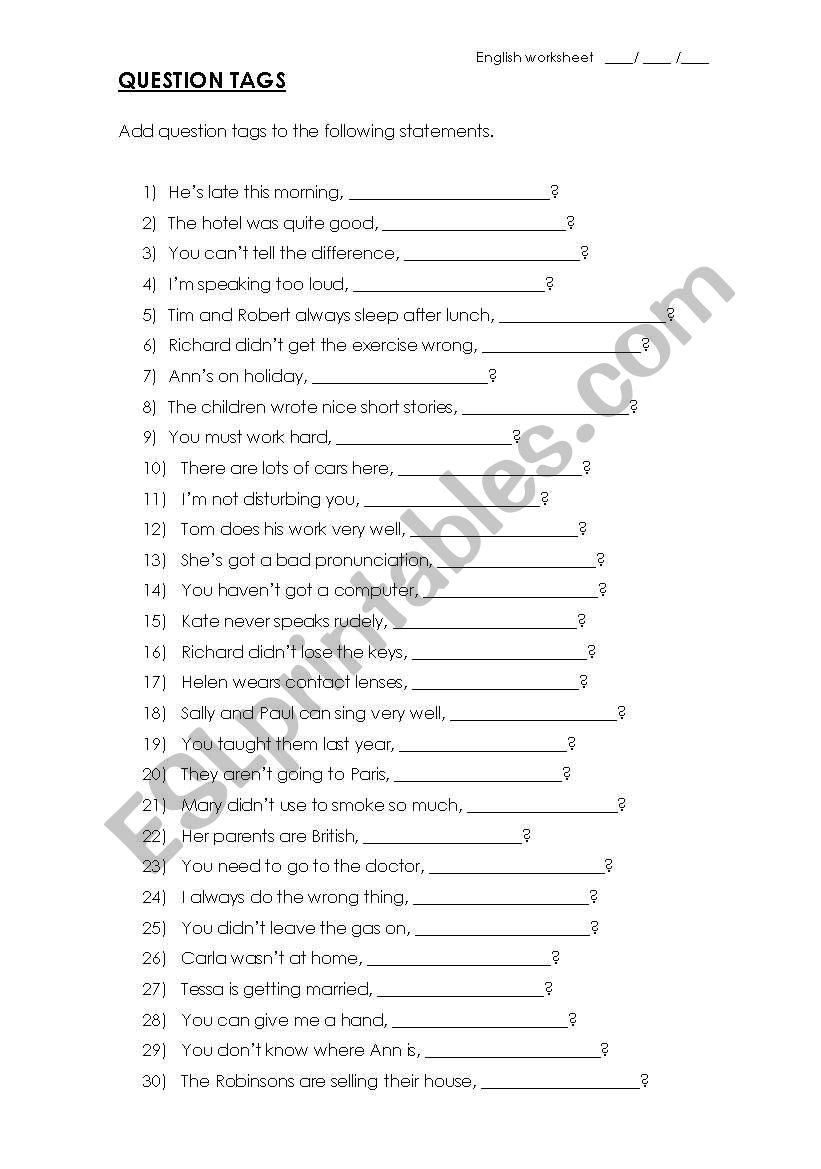 Question tags worksheet