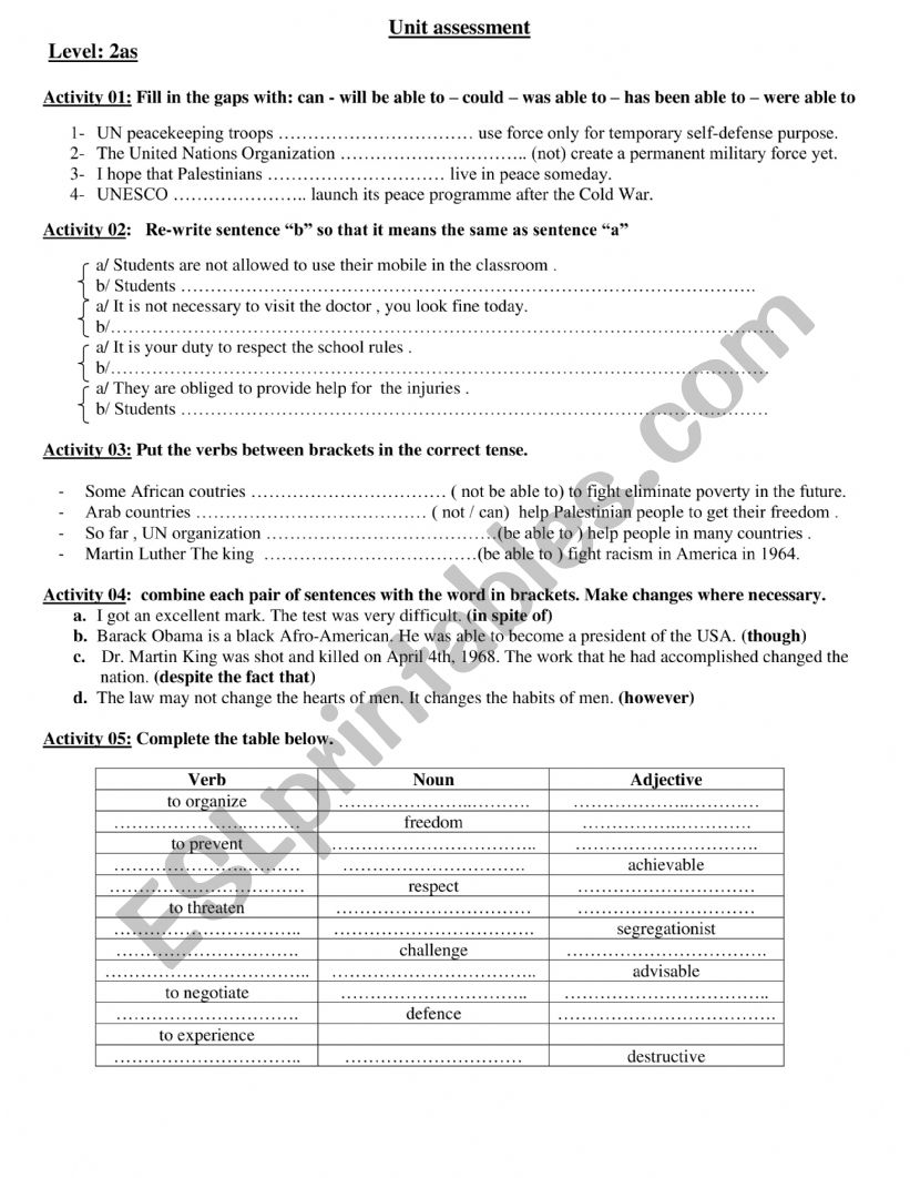 Make Peace - unit assessment worksheet