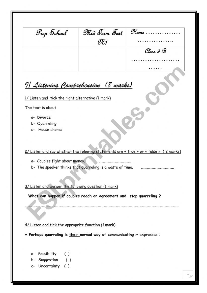 9th form test 1 worksheet