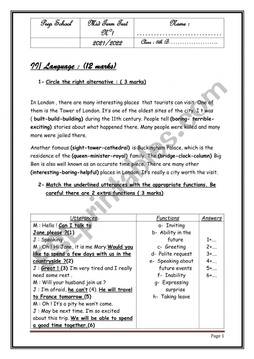 mid term test 8 th form worksheet