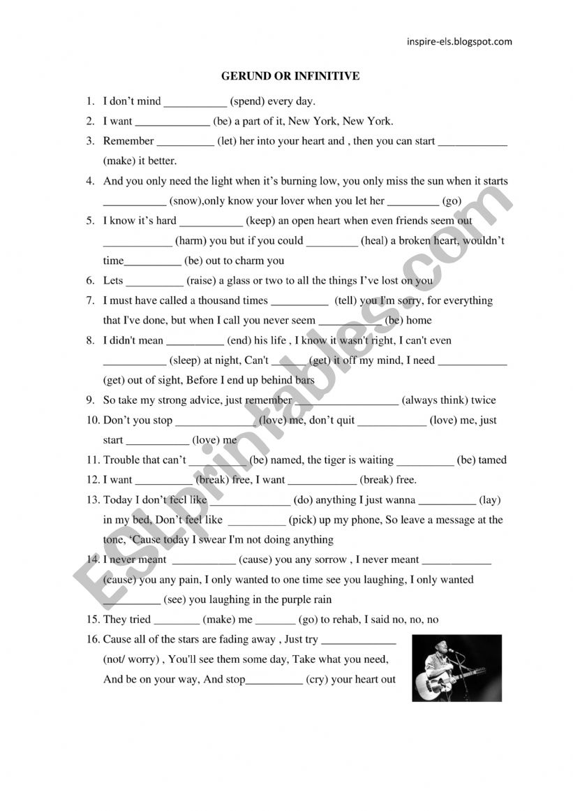 Gerunds and Infinitives in songs 