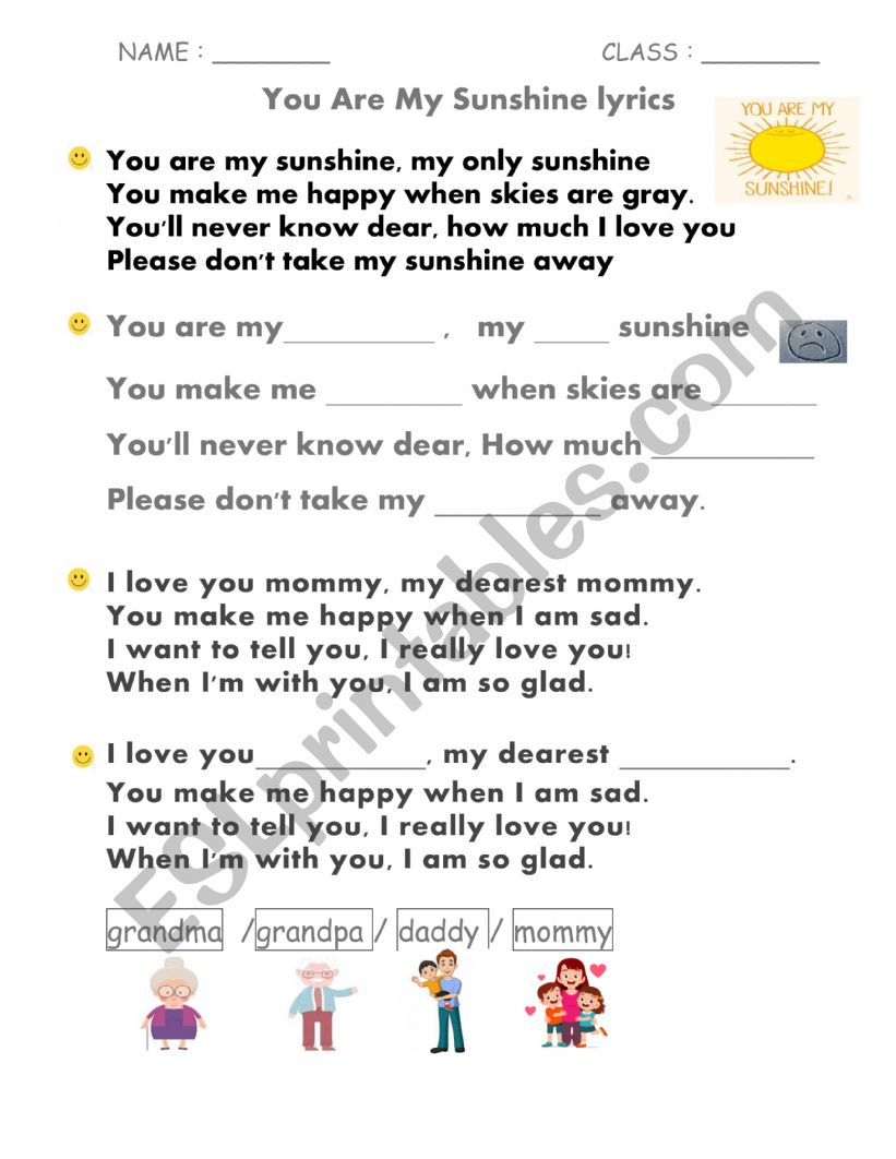 You Are My Sunshine-song  worksheet