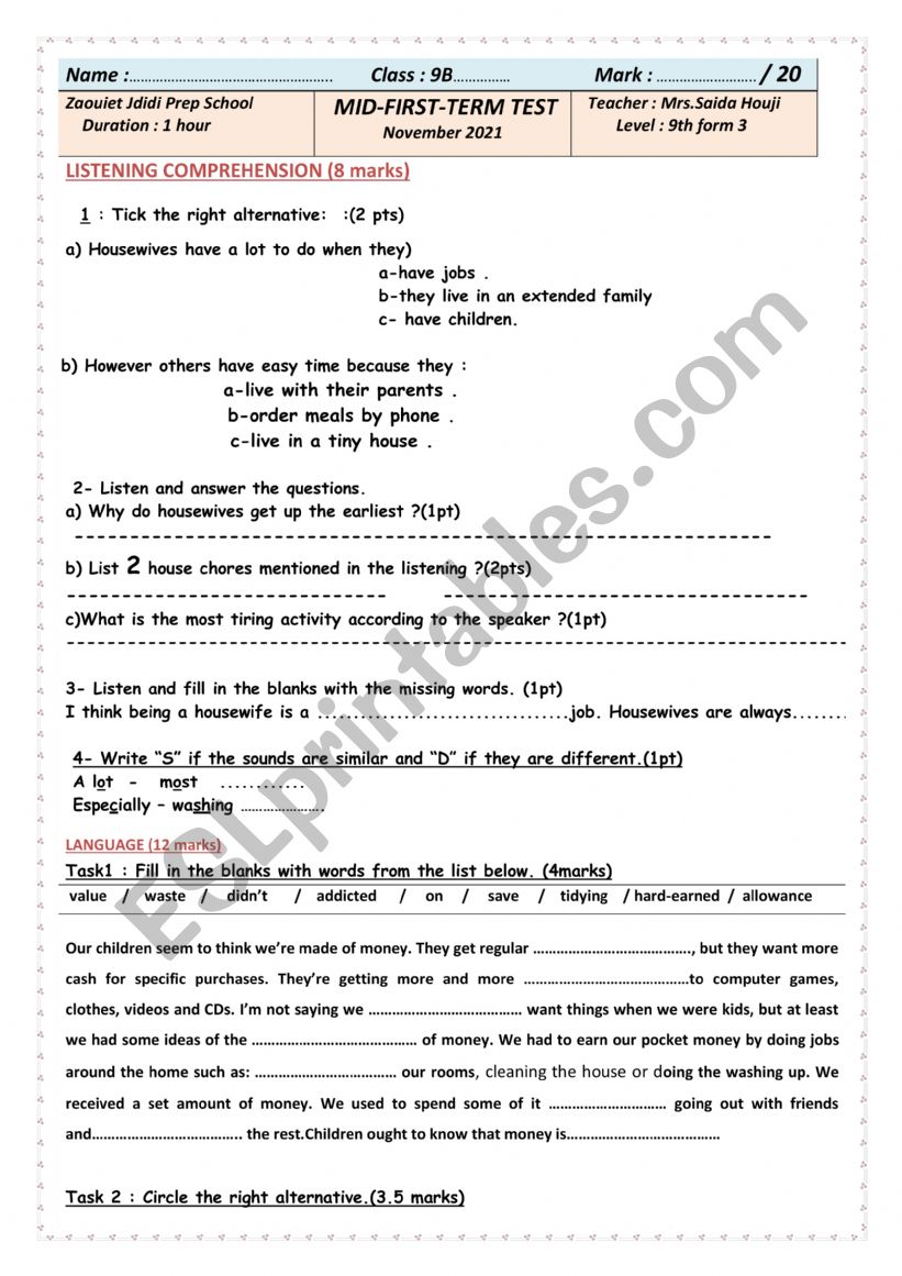 mid term test 1 9th worksheet