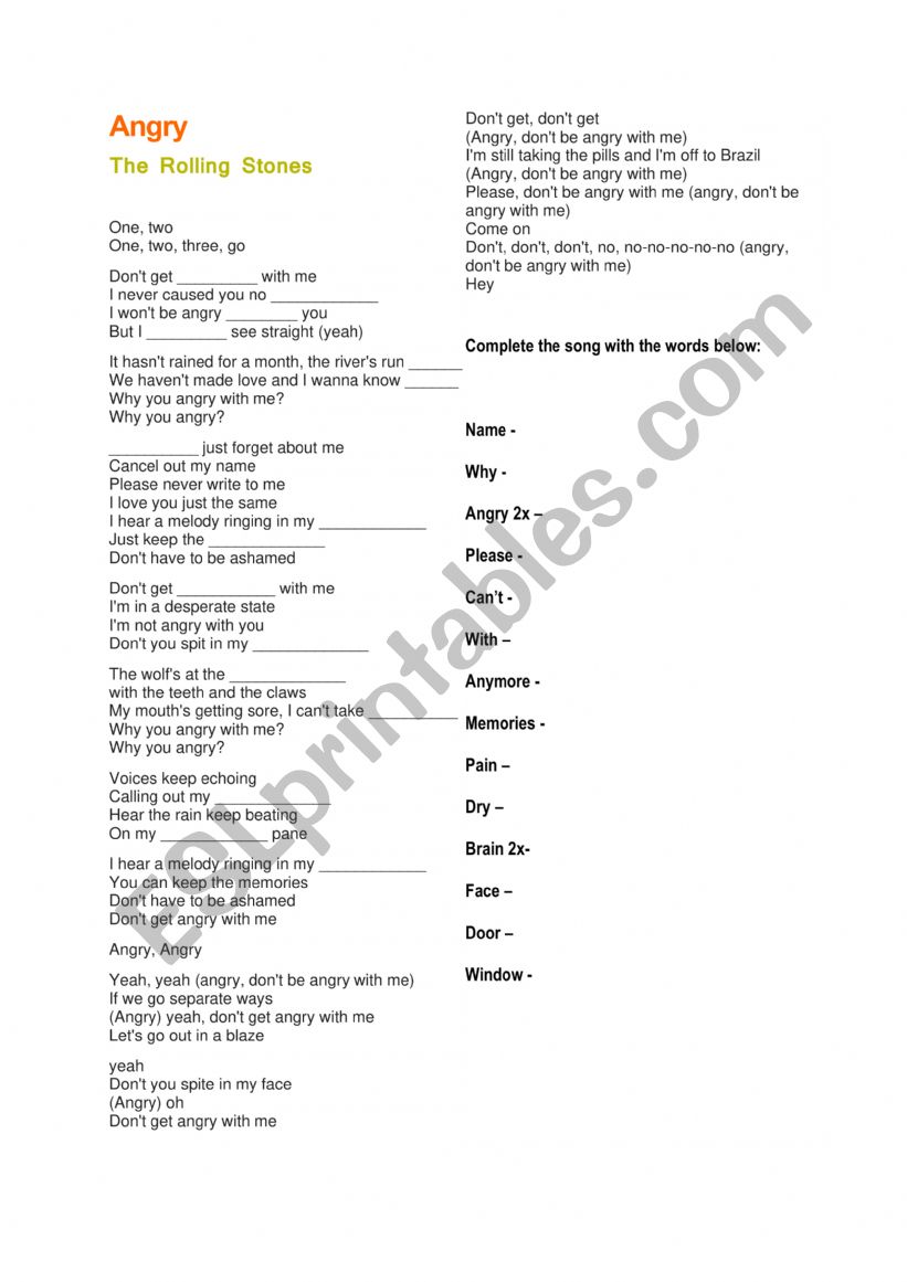 Angry - The Rolling Stones worksheet