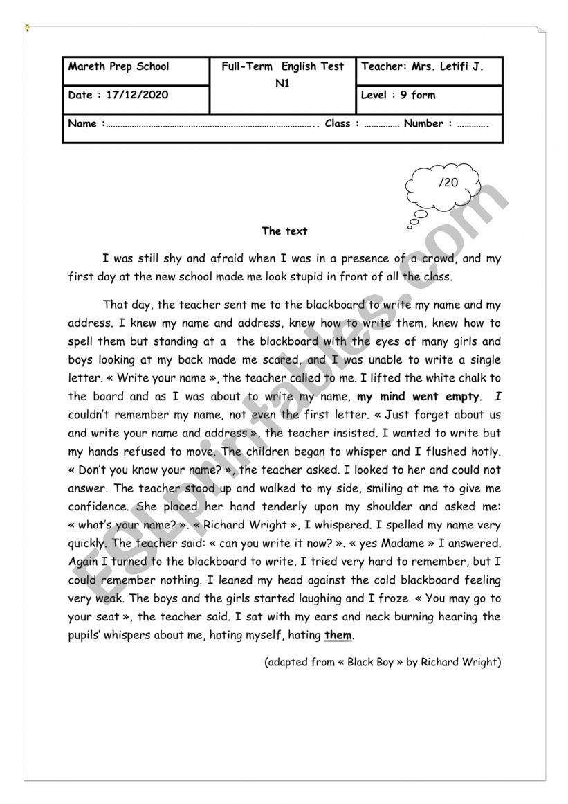 exam worksheet