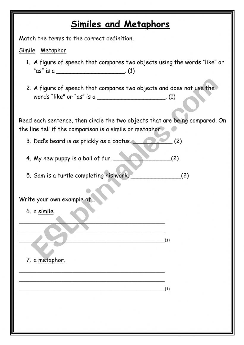 Similes and Metaphors worksheet