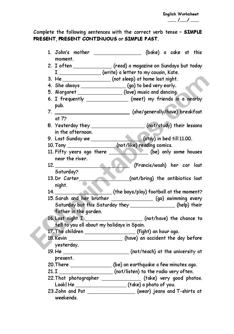 Verb tenses worksheet