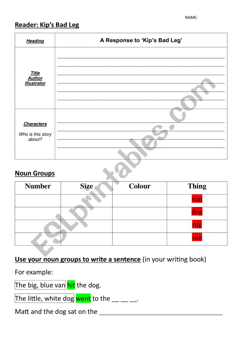 Writing a personal response worksheet