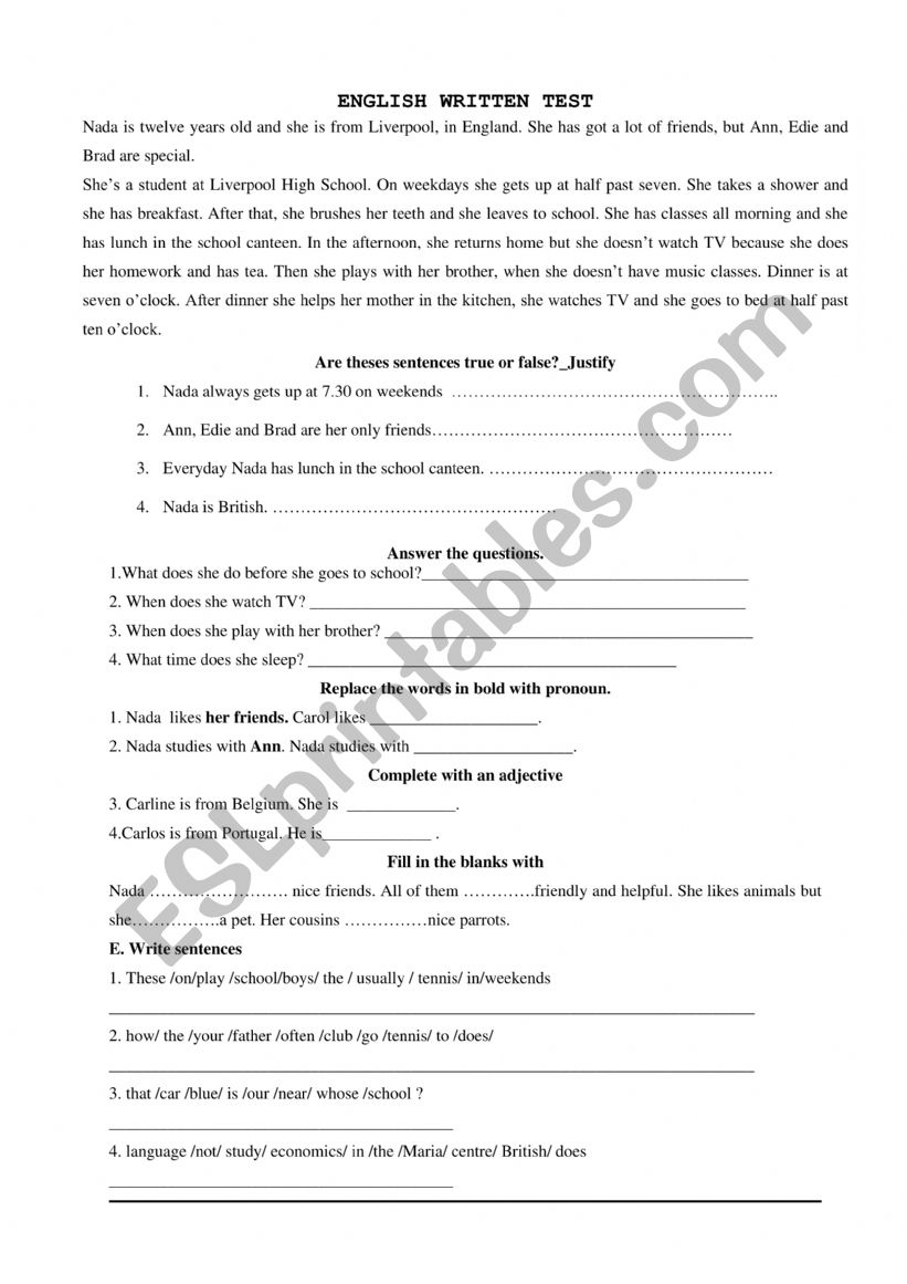 global test worksheet