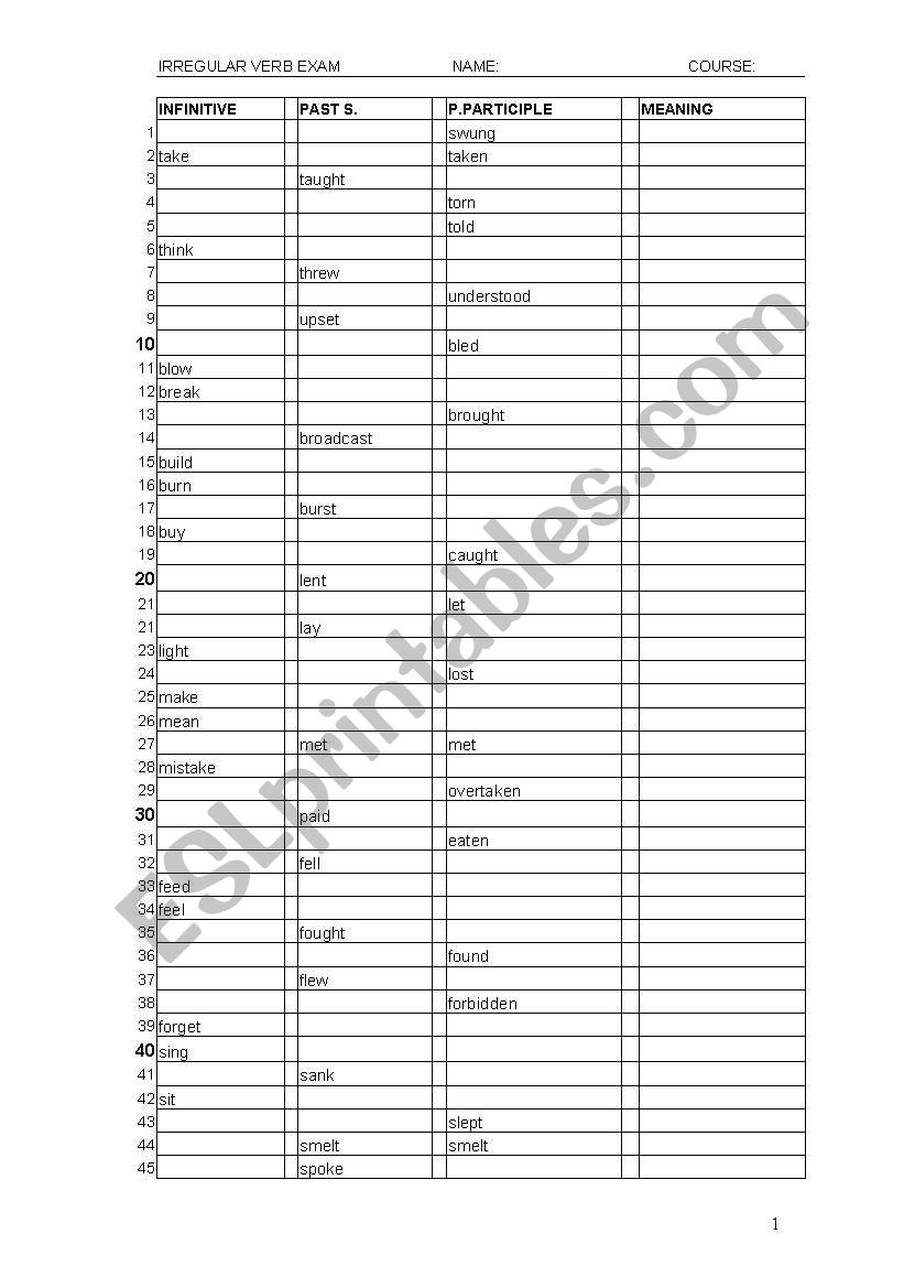 Irregular Verb EXAM worksheet