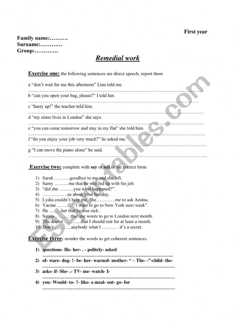 indirect speech worksheet